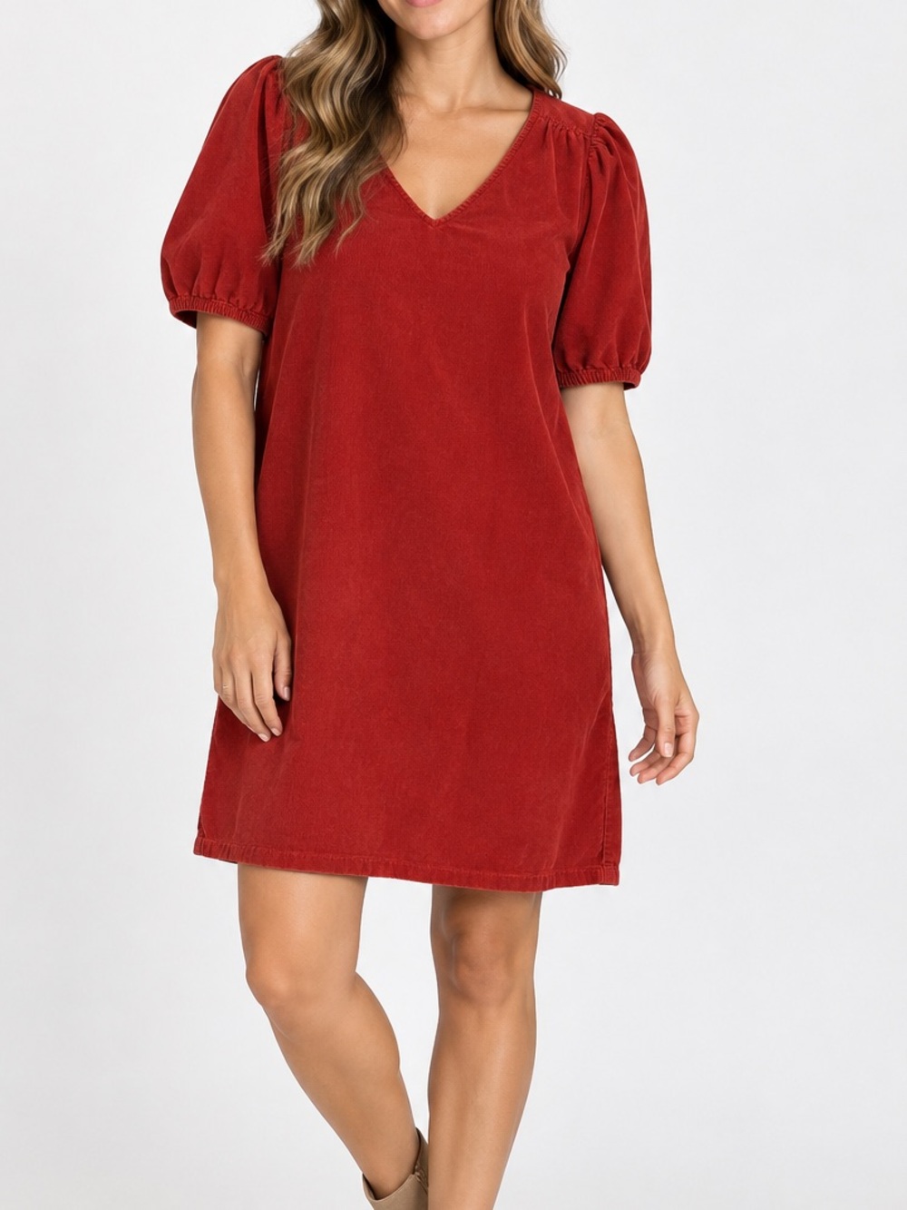 Loft Womens Rust Red Corduroy Puff Sleeve V Neck Shift Dress, Size Medium